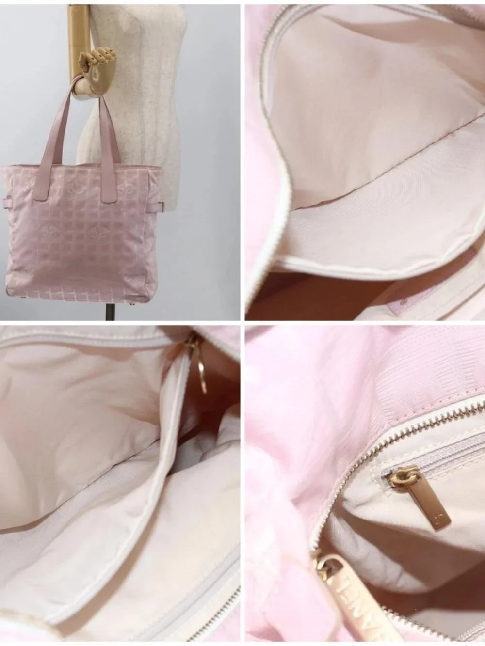 CHANEL New Travel Line Tote Bag Nylon Pink Gold CC Auth BA11991